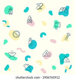 pattern on the theme of camping, outdoor, campfire, flashlight, barbecue grill, vacuum flask, tent, mountain, knife, binoculars and more. simple color icons on beige background.