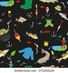 pattern on the theme of fishing, a fisherman on the shore with a fishing rod, types of river fish, fishing gear, colored, on a black background, seamless, vector