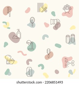 pattern on the theme hair, beauty, hairstyle, brush, comb, foam, hair dryer and more. simple color icons on beige background. pattern with hair and beauty icon on white background.