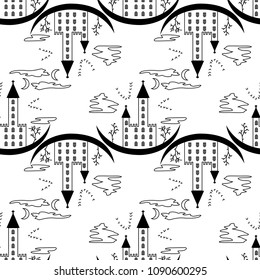 Pattern on a theme of halloween with the lock from contours and trees. Black white pattern with a lock, bats, trees, windows and clouds from contours and simple figures