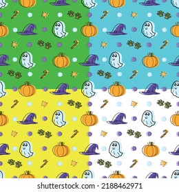 Pattern on the theme of Halloween. Pictures on different backgrounds for printing on fabric, cups, t-shirts, gift paper, etc.