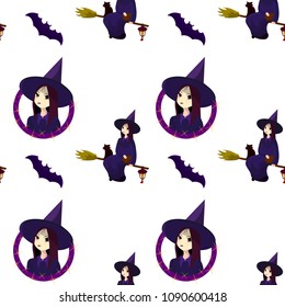 Pattern on the theme of Halloween with the witch-boy. A seamless pattern for the holiday of Halloween from simple forms and contours with mystical witches on a broom flying with its magic cats.