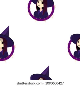 Pattern on the theme of Halloween with the witch-boy. A seamless pattern for the holiday of Halloween from simple forms and contours with mystical witches on a broom flying with its magic cats.