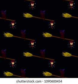 Pattern on the theme of Halloween with the witch-boy. A seamless pattern for the holiday of Halloween from simple shapes and outlines with a mystical cat that portrays itself to a witch.