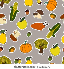 Pattern on The Theme of Happy Thanksgiving Day with Harvest Sticker objects. Corn, Pumpkin, Turkey, Acorn, Tree, Apple, Pear