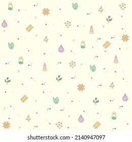 pattern on the theme herbs, spices, basil, parsley, rosemary, bay leaf, chili, onion, dill, cloves, garlic and more. simple color icons on beige background.