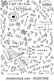 Pattern on the theme of learning and geometry with formulas and graphs. Vector Illustration
