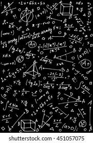 Pattern on the theme of learning and geometry with formulas and graphs. Vector Illustration