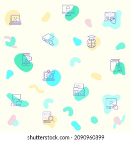 pattern on the theme of online education, e-learning, e-book, lessons, webinar, video, teaching, training, mobile, tutorial, computer and more. simple color icons on beige background.