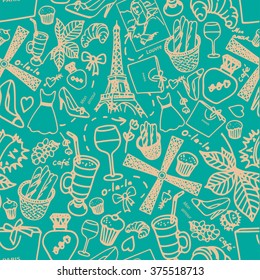 The pattern on the theme of "Paris". Seamless pattern with landmarks of Paris. Turquoise pattern with the Eiffel Tower