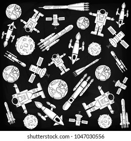 pattern on the theme of space. A lot of objects are drawn: the astronaut, the planet Earth, the Moon, the space rockets and the satellite. Vector illustration
