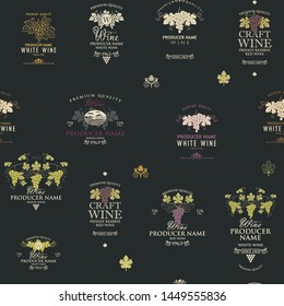 pattern on the theme of wine with various wine labels with images of grapes, landscapes, winery and other in retro style