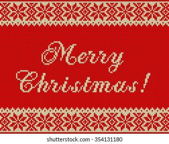 Pattern on the theme of the winter holidays with a picture of the Norwegian and fairisle patterns and snowflakes. Wool knitted texture. The inscription Merry Christmas. Vector Illustration