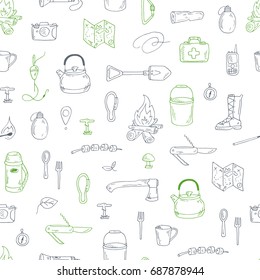 Pattern on the topic of camping and tourism. Black and green vector elements painted in sketch style on a white background. Illustration for design of postcards, posters and banners