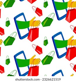 A pattern on the topic of online shopping and delivery. From the phone screen, holding an order, paper bags, deliver an online order. The concept of delivery and online shopping. Print Marketing