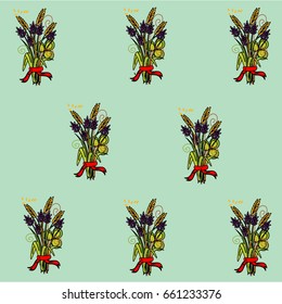 Pattern on a turquoise background bouquet of wildflowers and cereals