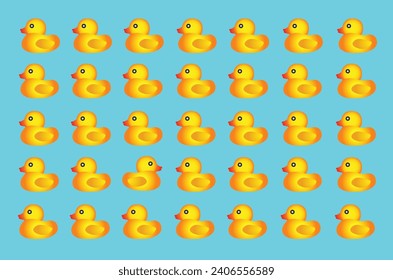 Pattern on turquoise background of yellow rubber ducks