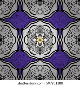 Pattern on violet background with white elements. Brilliant lace, stylized flowers, paisley. Openwork delicate white pattern. Oriental style arabesques. Vector. White texture curls.
