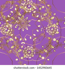 Pattern on violet and brown colors with golden elements. Brilliant lace, stylized flowers, paisley. Golden texture curls. Vector. Openwork delicate golden pattern. Oriental style arabesques.