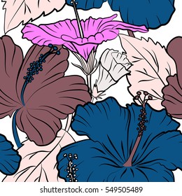 Pattern on a white background in blue and pink colors. Vector vintage seamless tropical hibiscus flowers.