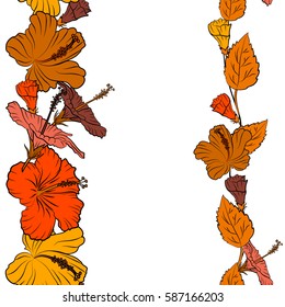 Pattern on a white background in brown, orange and yellow colors and copy space (place for your text). Vertical vector vintage tropical hibiscus flowers.