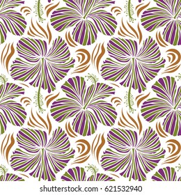 Pattern on a white background in brown, purple and green colors. Vector vintage seamless tropical hibiscus flowers.