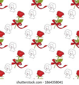 Pattern on white background. Continuous one line drawing red roses and beautiful women. Perfect for greeting cards, party invitations, posters, stickers, clothing.