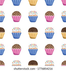 pattern on a white background delicious cupcakes, vector illustration. Multi-colored muffins