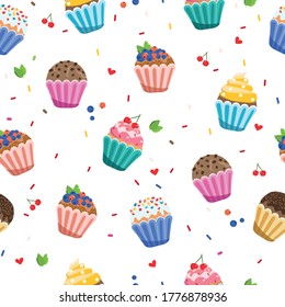 pattern on a white background delicious cupcakes, vector illustration. Multi-colored muffins