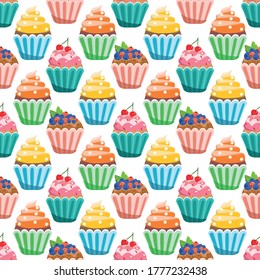 pattern on a white background delicious cupcakes, vector illustration. Multi-colored muffins