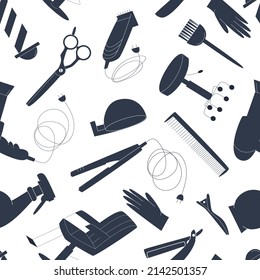 Pattern on a white background equipment for a hairdresser, barber, stylist. Seamless, endless. Flat vector illustration. Eps10