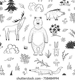 Pattern on a white background a fairy forest. Lovely forest animals and plant elements. Stylish children's pattern