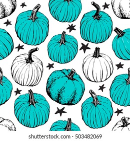 Pattern on white background. Food Allergy Pumpkin - A teal pumpkin in front of homes during Halloween is a symbol to Parents with children with food allergies, that the home has non food treats.