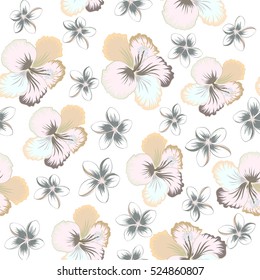 Pattern on a white background in gray, neutral and beige colors. Vector vintage tropical hibiscus flowers.