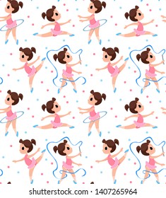 Pattern on a white background. An image of little cute ballerinas or girls sporting gymnasts. Children's sport. Vector illustration in cartoon style.