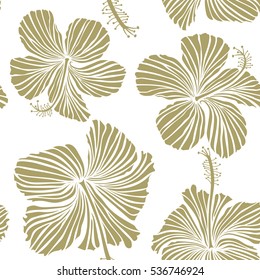 Pattern on a white background in neutral colors. Vector vintage seamless tropical hibiscus flowers.