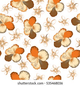 Pattern on a white background in orange, beige and brown colors. Vector vintage seamless tropical hibiscus flowers.