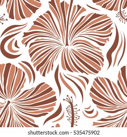 Pattern on a white background in orange and brown colors. Vector vintage seamless tropical hibiscus flowers.