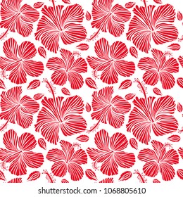 Pattern on a white background in red colors. Vector vintage seamless tropical hibiscus flowers.