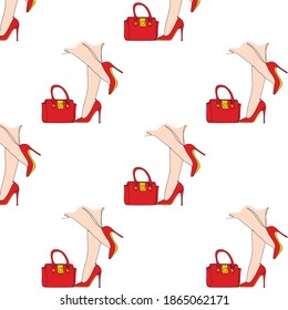 Pattern on white background with red shoes.  Perfect for greeting cards, party invitations, posters, stickers, clothes. 