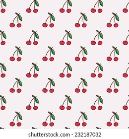 Pattern on a white background and a red cherries with green leaves