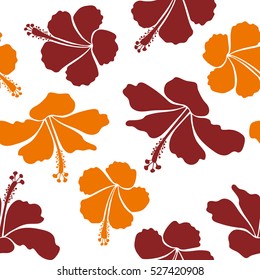 Pattern on a white background in red and orange colors. Vector vintage seamless tropical hibiscus flowers.