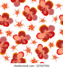 Pattern on a white background in red, orange and pink colors. Vector vintage seamless tropical hibiscus flowers.