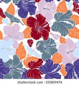 Pattern on a white background in red and violet colors. Vector vintage seamless tropical hibiscus flowers.
