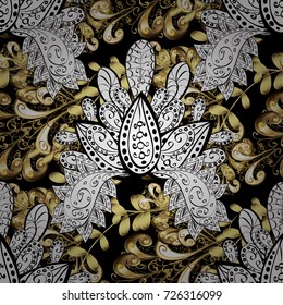 Pattern on white, black and yellow colors with golden elements. Vector golden mehndi seamless pattern. Ornamental floral elements with henna tattoo, golden stickers, mehndi, yoga design, cards, prints
