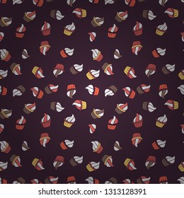 Pattern on white, pink and brown. Vector illustration. Seamless of Variety Muffins, Poppy seed, Chocolate Chip, Pumpkin Cream, Chocolate and Delicious Breakfast or Dessert Muffins.