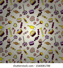 Pattern on white, yellow and neutral. Vector illustration. Seamless of Variety Muffins, Poppy seed, Chocolate Chip, Pumpkin Cream, Chocolate and Delicious Breakfast or Dessert Muffins.