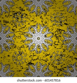 Pattern on yellow background with golden elements. Oriental style arabesques. Vector. Openwork delicate golden pattern. Golden texture curls. Brilliant lace, stylized flowers, paisley.
