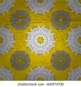 Pattern on yellow background with golden elements. Vector traditional orient ornament.