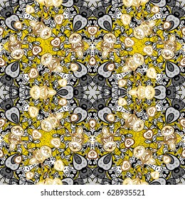 Pattern on yellow background with golden elements. Golden pattern. Vector oriental ornament.